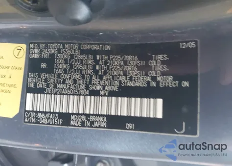 2006 Toyota Highlander V6 z USA, uszkodzony, nr VIN JTEEP21AX60157804